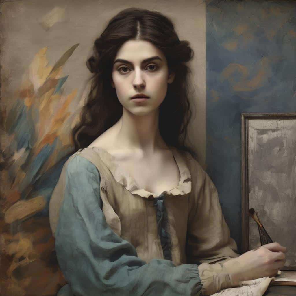 Ομορφη νεαρή γυναίκα με στυλ ζωγράφου και καλλιτεχνική ατμόσφαιρα, εμπνευσμένη από αρχιτεκτονική τέχνη και δημιουργία.