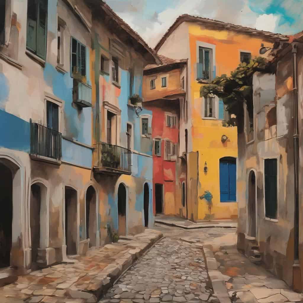 Ζωγραφιστή εικόνα γραφικών πολύχρωμων κατοικιών σε στενό δρόμο.