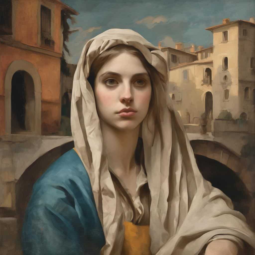 Γυναίκα με μαντίλι σε παλιά αρχιτεκτονική πόλης, εμπνευσμένη από την αρχιτεκτονική τέχνη και ζωγραφική.