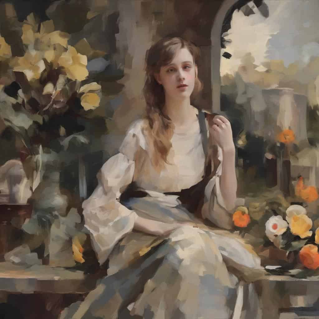 Ζυγός γυναίκα σε εσωτερικό με λουλούδια και παραθυρόφυλλο, έμπνευση από αρχιτεκτονική και τέχνες.