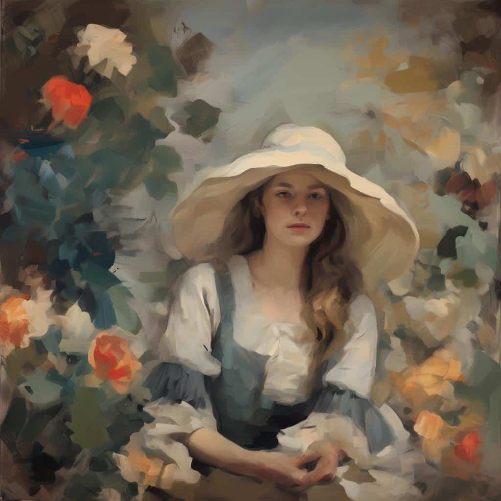 Γυναικεία εικόνα με καπέλο σε κήπο με λουλούδια, εμπνευσμένη από αρχιτεκτονική τέχνη.